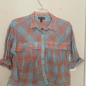 Women's Plaid Button-Down Shirt - Blue and Orange
